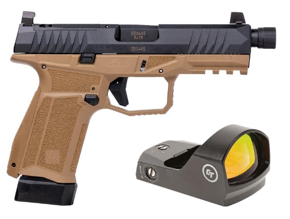 AREX DELTA M TACTICAL 9MM  1X15RD MAG 1X 15+2 MAG  12 X 28IN THREADED BARREL  SERIALIZED TRIGGER ASSEMBLY  INTERCHANGEABLE FRAME AND BACKSTRAPS  SUPPRESSOR HEIGHT SIGHTS  5X OPTICS PLATES  FDE  WITH CRIMSON TRACE RED DOT - Win Repeating Arms Promotion